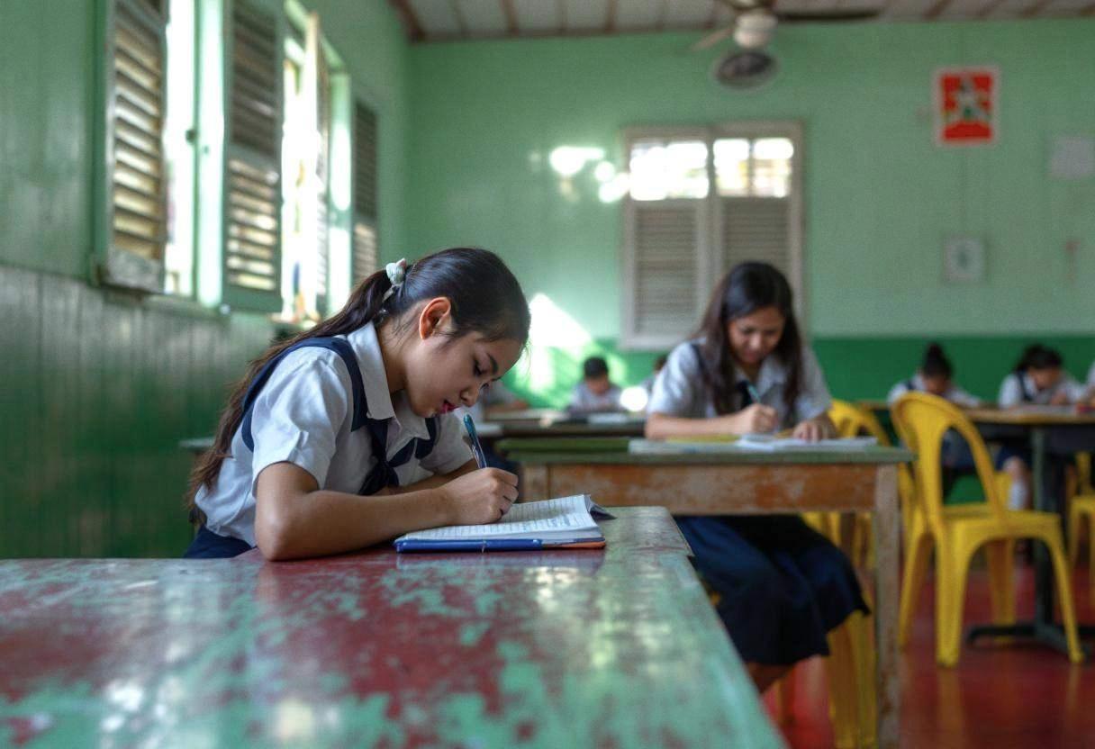 One round-faced twelve-year-old girl in a white cotton school blouse and navy blue skirt sits hunched over her notebook