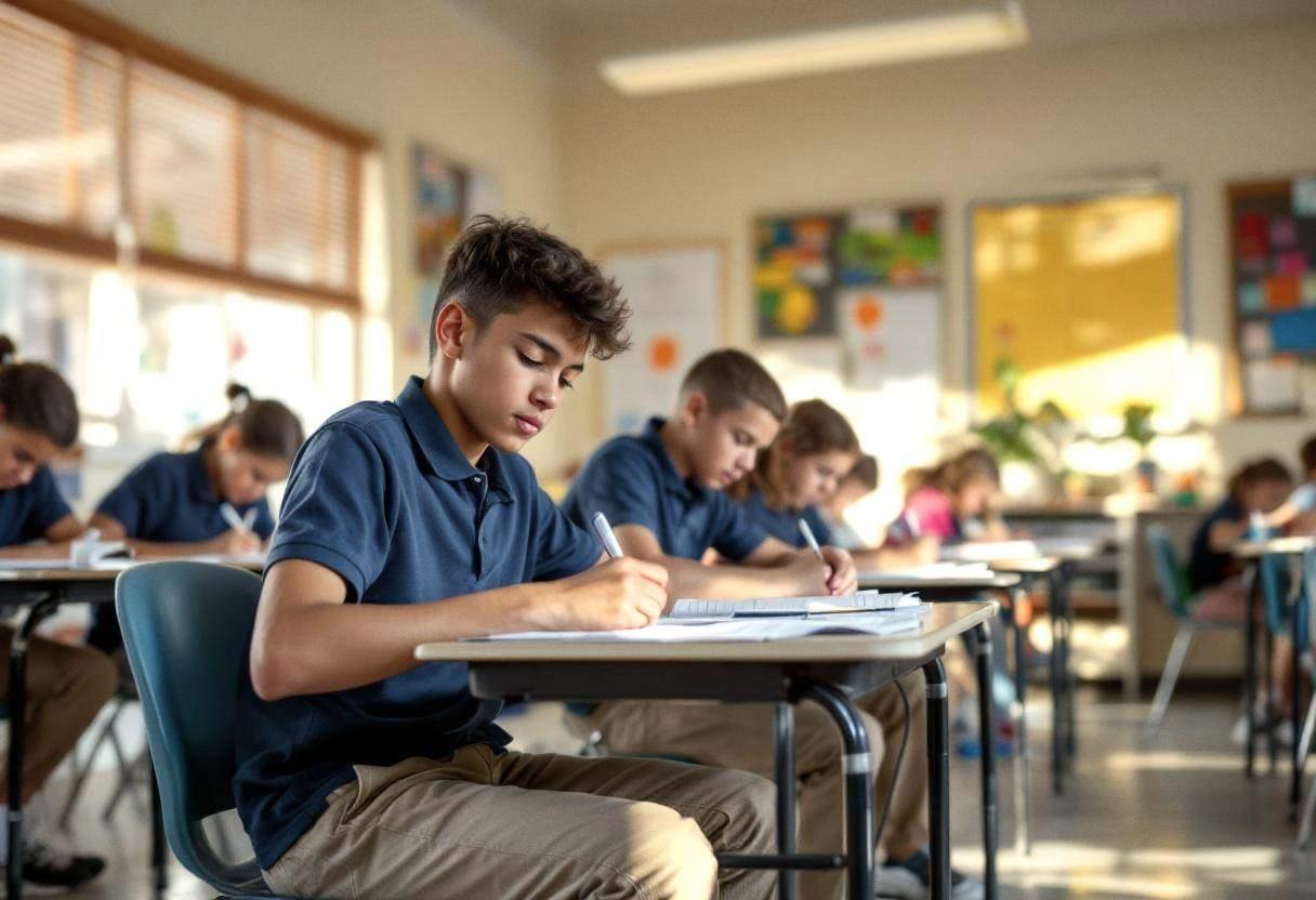 Middle-school-age preteens ages 10 to 13 in navy polo shirts and khaki pants sitting at desks writing in notebooks
