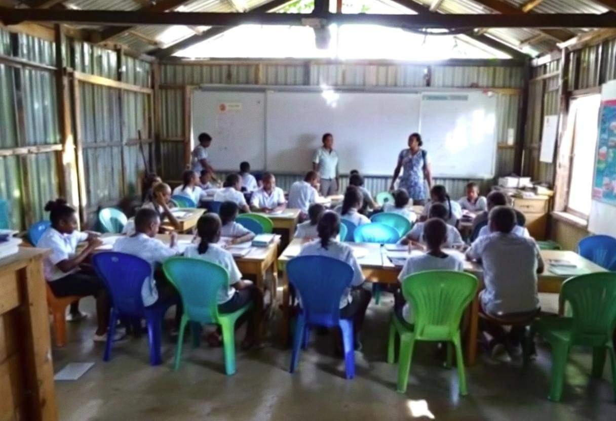 Corner of an open-air Pacific island classroom with corrugated metal roof and wooden posts