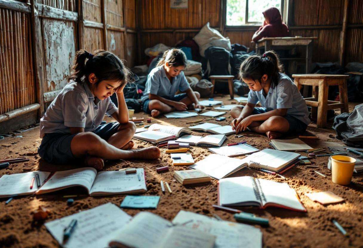 Creative writing materials scattered on packed-earth floor in Indonesian rural schoolhouse with woven bamboo walls
