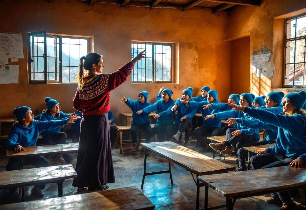 A Peruvian teacher in a bright patterned wool sweater and long dark skirt leading preteens ages 10 to 13 in blue knit sw