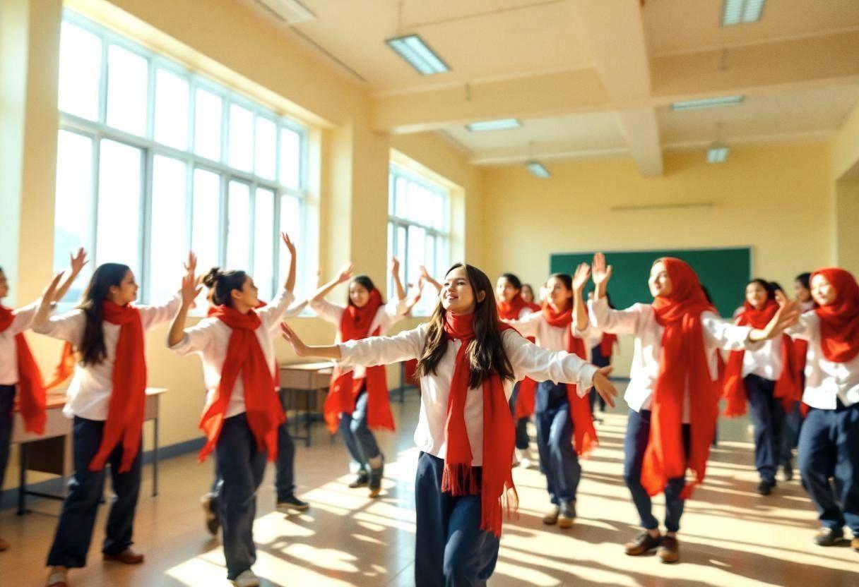 Twelve preteen students ages 10-13 in white button-down shirts and red scarves moving with flowing arm gestures mimickin