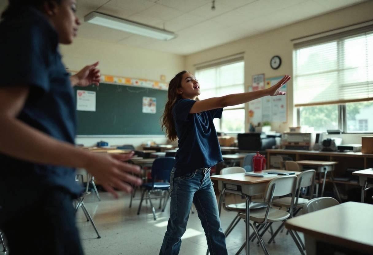 One preteen girl in a navy blue t-shirt and jeans moving with flowing arm gestures mimicking ocean waves