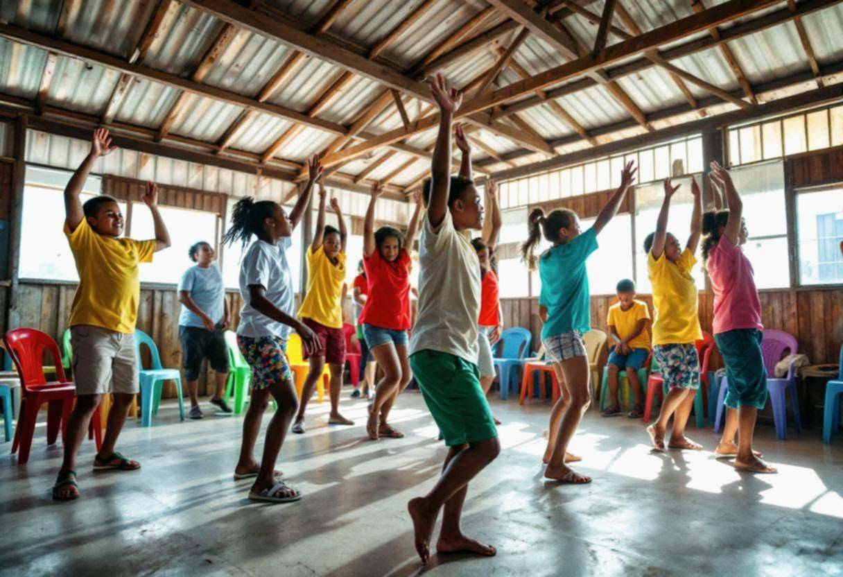 Preteens ages 10 to 13 in bright cotton t-shirts and shorts moving in flowing dance motions with arms raised and swaying