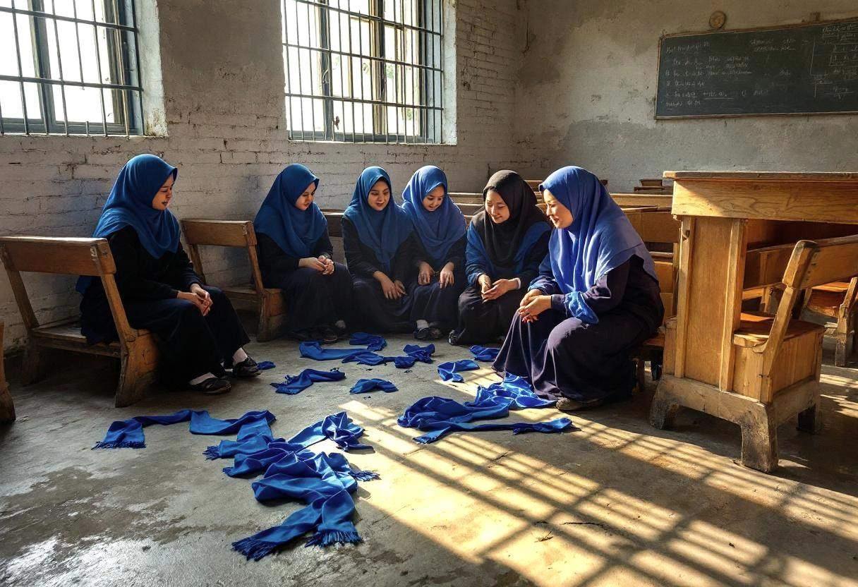 Simple blue fabric scarves and ribbons scattered across a concrete floor next to plain wooden benches