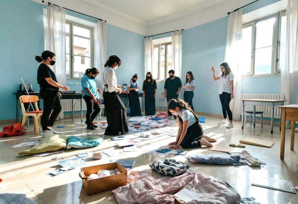 Ocean-themed interpretive dance materials scattered across cream marble-tile floor in Greek island classroom with pale b