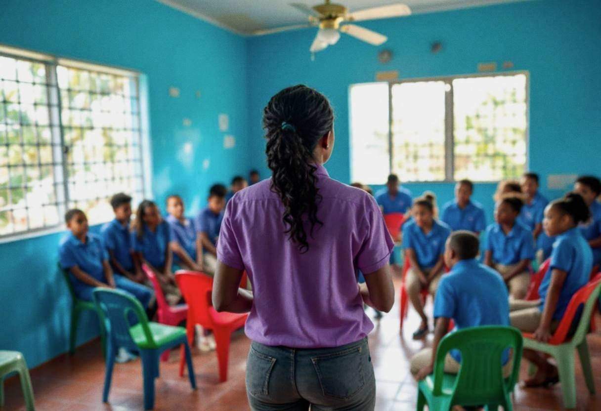 A Dominican teacher in a bright cotton blouse seen from behind leading ten to thirteen-year-old preteens in blue polo sh