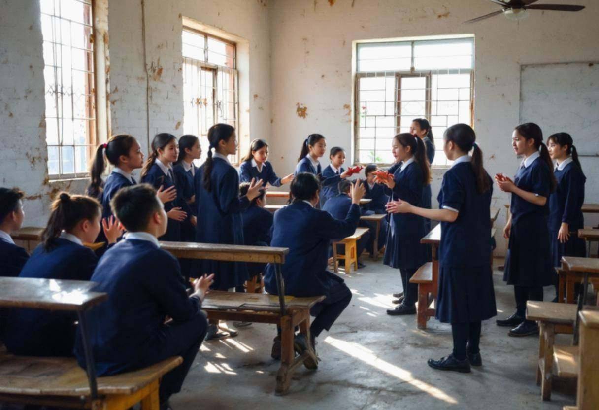 Preteens ages 10 to 13 in navy blue school uniforms with white collars acting out marine animals through mime
