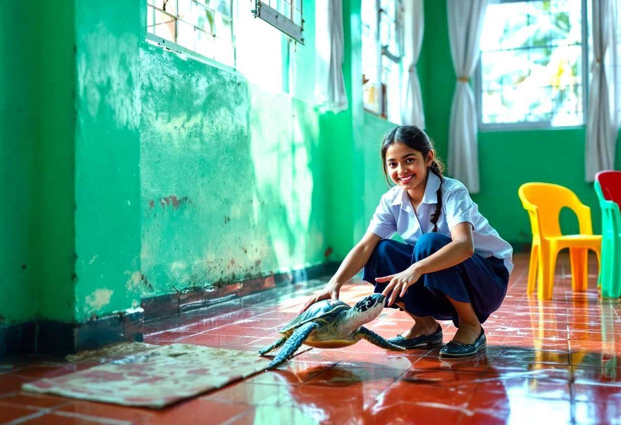 One round-faced twelve-year-old girl in a white cotton school blouse and navy blue skirt crouched low with arms outstret