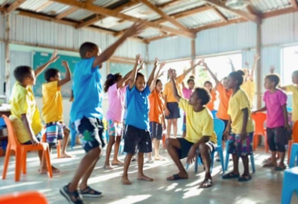 Ten to twelve middle-school-age students in bright cotton t-shirts and knee-length shorts mimicking sea creatures with e