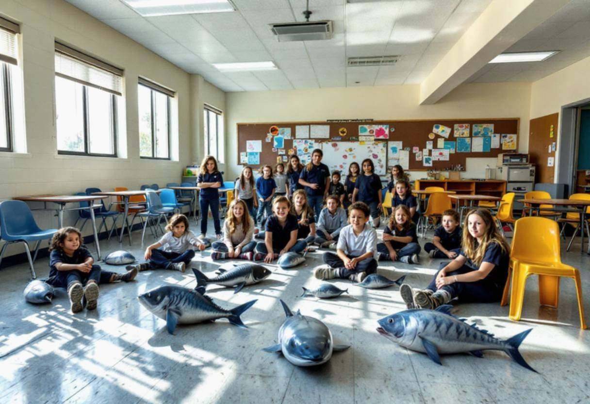 Marine life mime props scattered across scuffed vinyl tile floor in modest US public school classroom with off-white pai