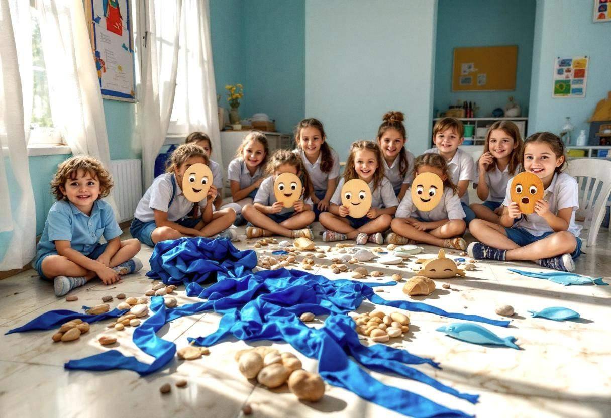 Drama props scattered on cream marble tiles in a Greek island classroom with pale blue walls