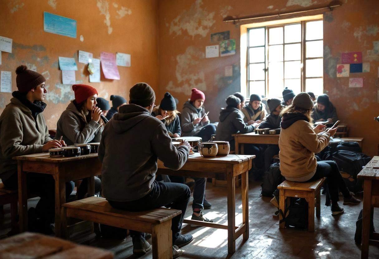 Lanky teenagers ages 14 to 17 in thick wool sweaters and knit caps gathered around wooden benches