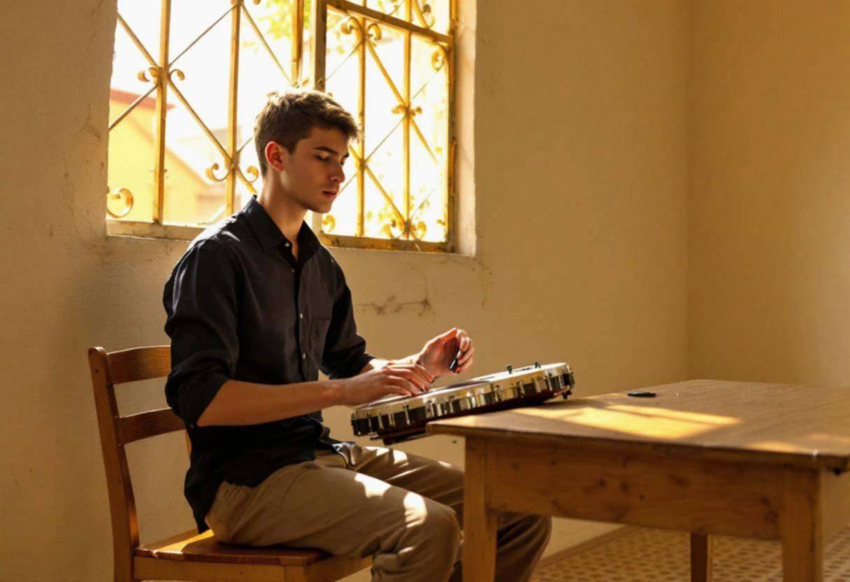 One lanky sixteen-year-old in a dark button-down shirt and khaki trousers sitting at a plain wooden desk