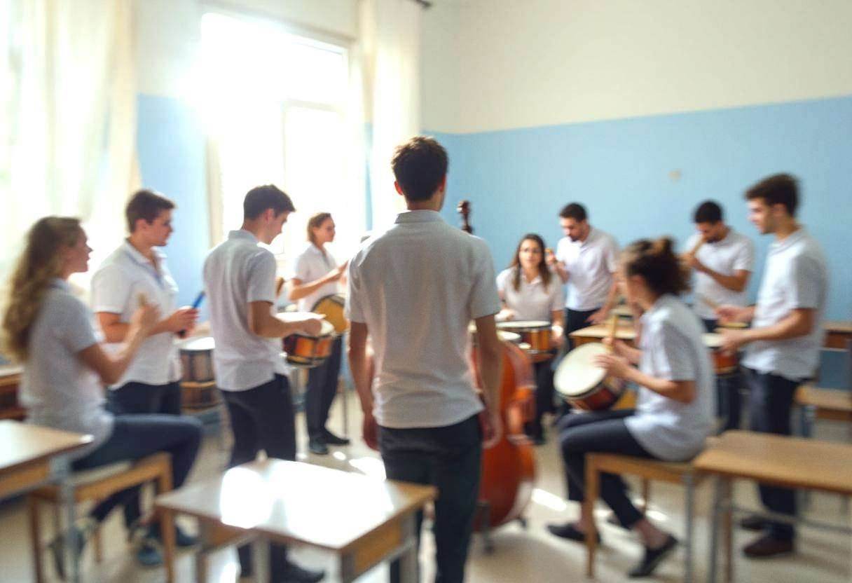 Lanky teenagers ages 14 to 17 in white polo shirts and dark trousers gathered around musical instruments