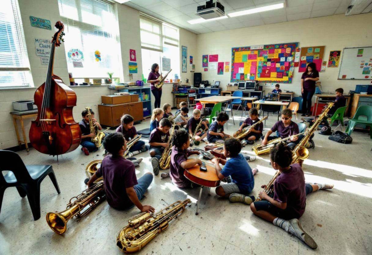 Musical instruments scattered across a scuffed vinyl tile floor in a modest US public school classroom with off-white pa