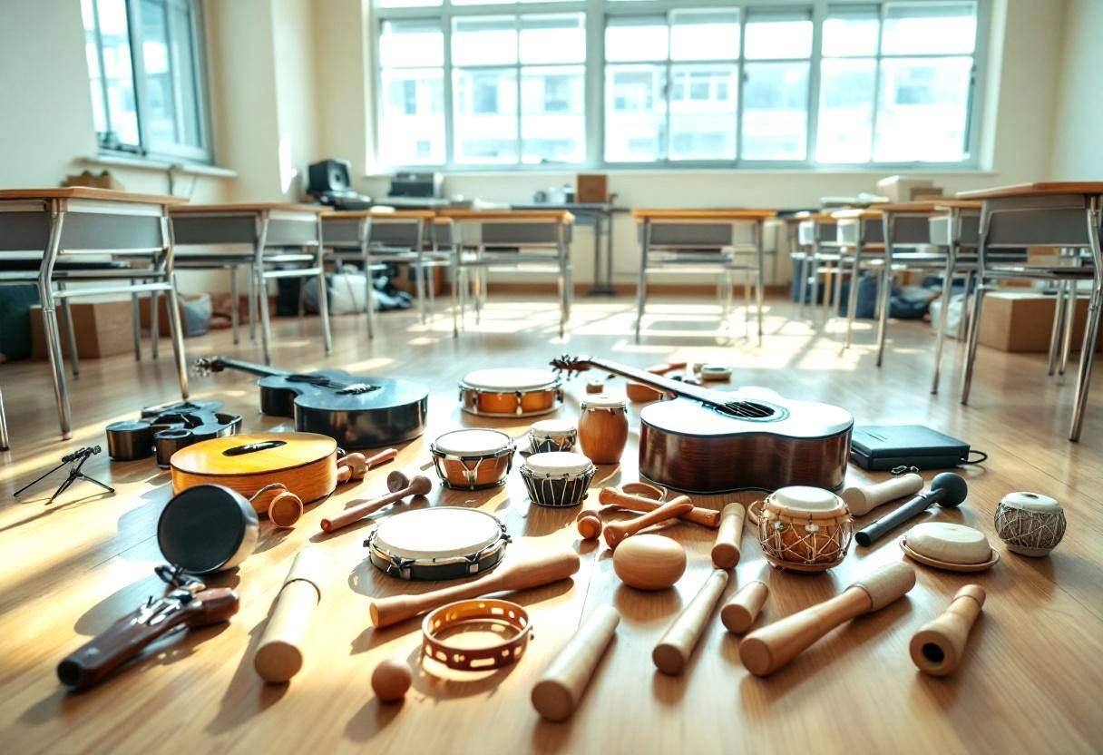 Various musical instruments scattered across a light wood classroom floor: acoustic guitar