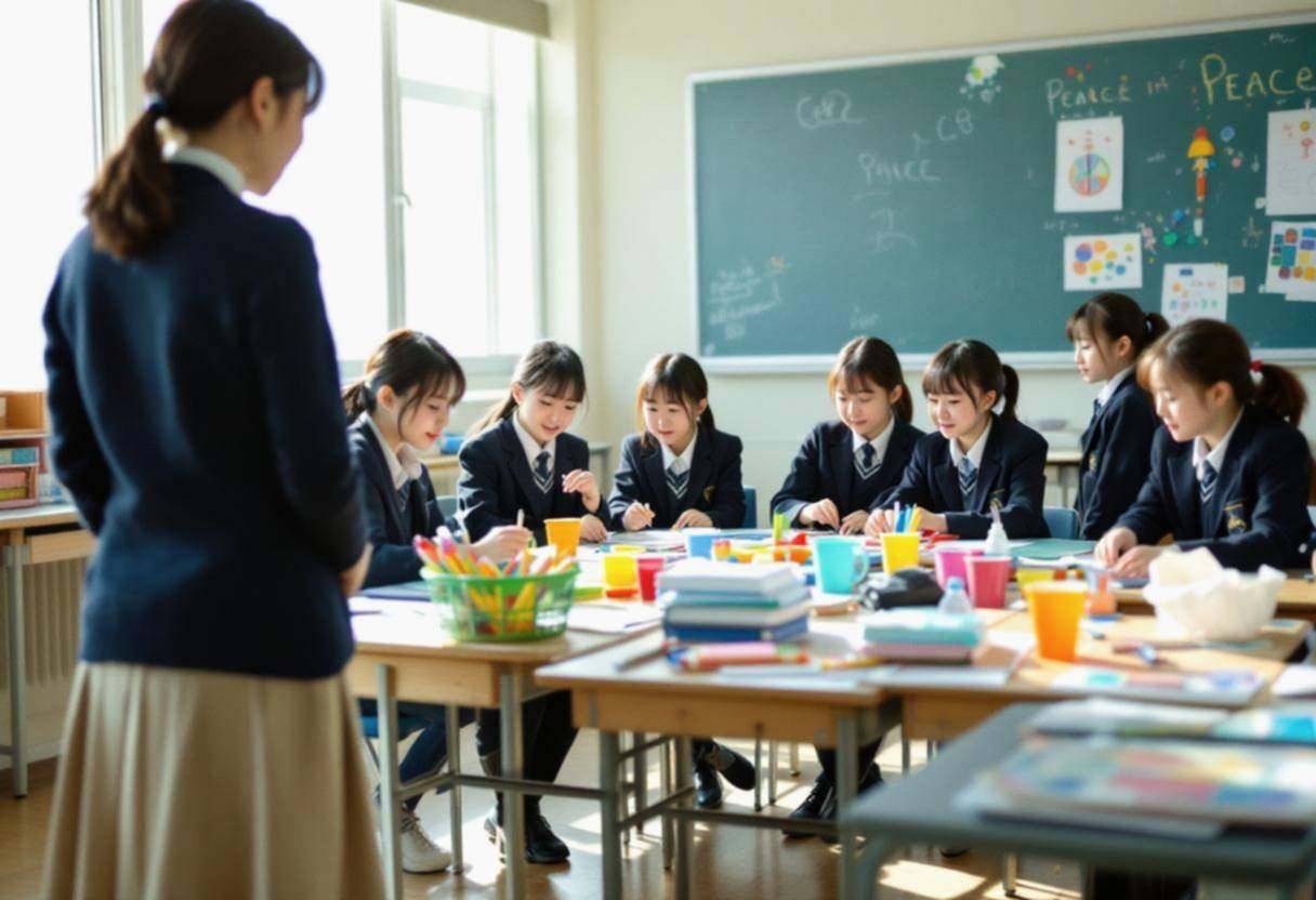 Japanese teacher in dark cardigan and beige skirt seen from behind guiding ten to thirteen-year-old middle schoolers in 
