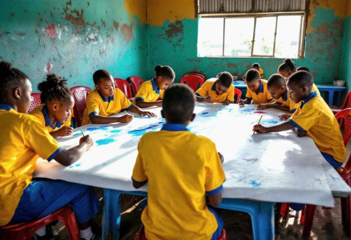 Preteens ages 10 to 13 in bright yellow and blue uniform shirts working together on a large collaborative canvas spread 