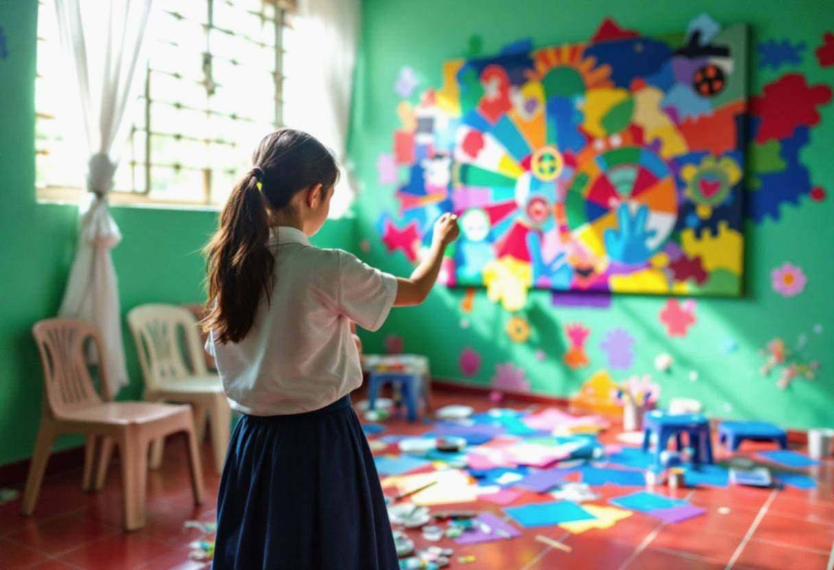 One preteen girl in a white cotton school blouse and navy blue skirt working on a large collaborative peace mural from b