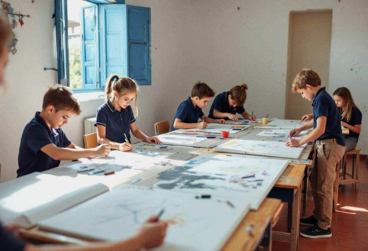 Preteens ages 10 to 13 in navy polo shirts and khaki trousers working together on a large collaborative canvas spread ac