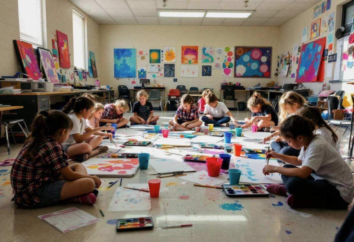 Art supplies scattered across a vinyl tile classroom floor with paintbrushes
