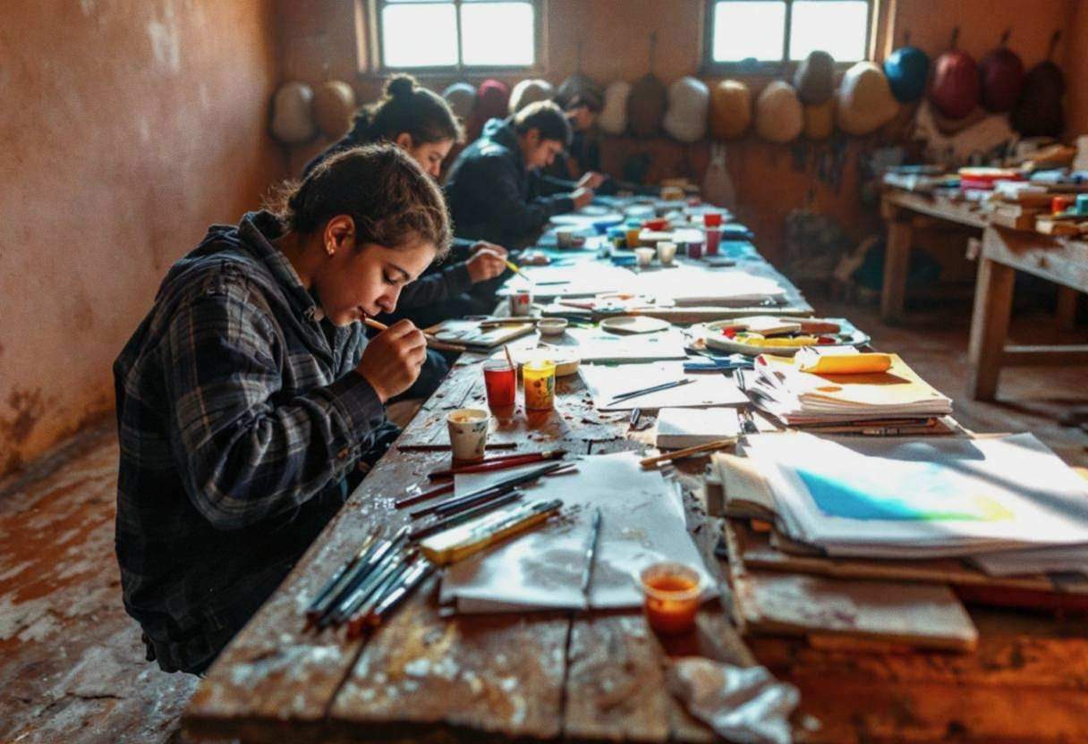 Art supplies for collaborative peace mural scattered across a wooden bench in a Peruvian highland classroom with warm oc