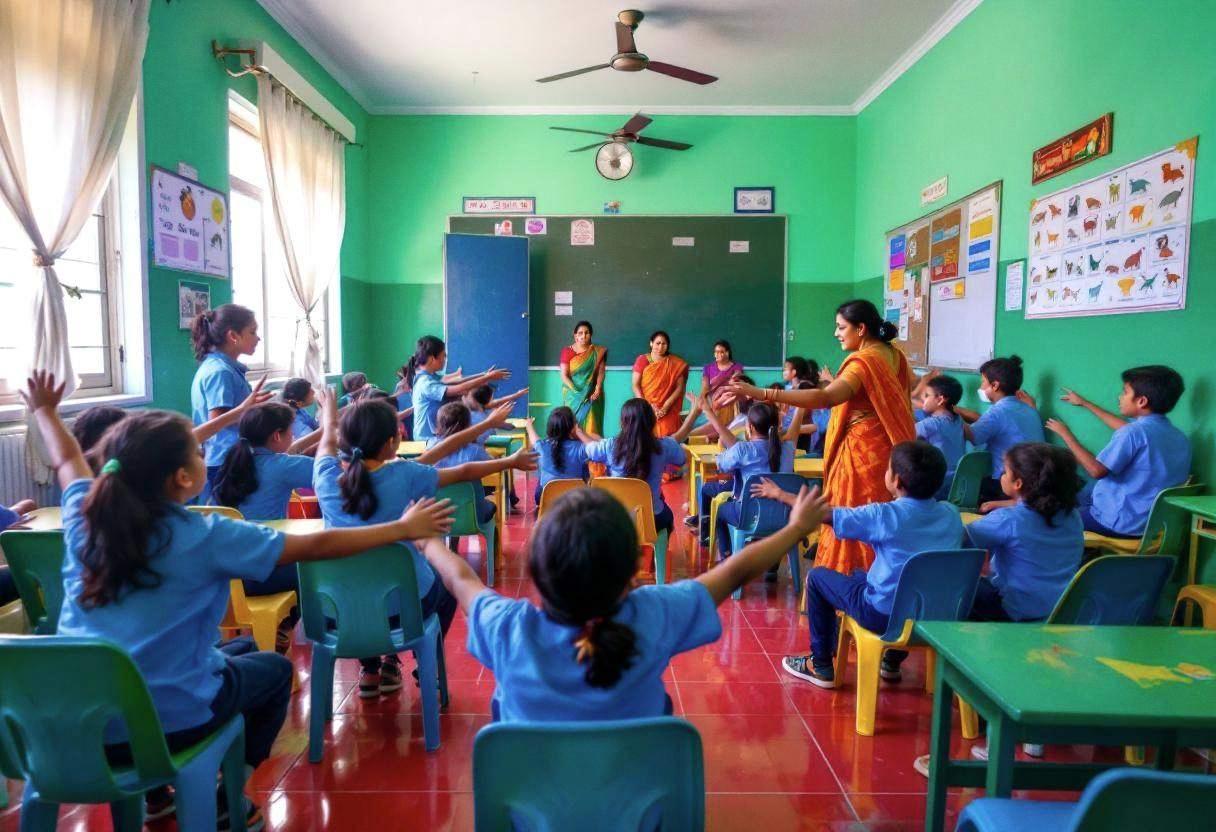 A South Indian teacher in a bright cotton sari leading twelve-year-old students in blue uniform shirts and navy trousers