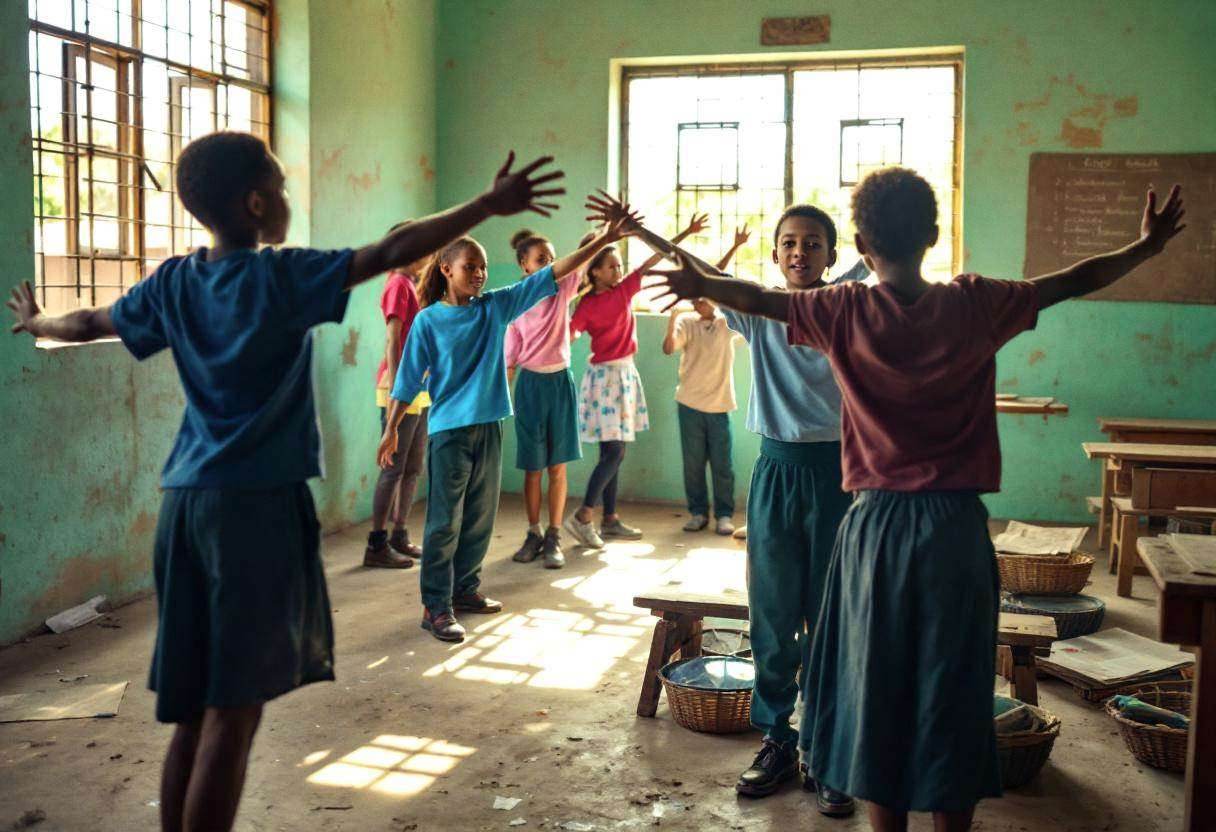 Preteen students ages 10-13 in colorful cotton school uniforms standing and moving in balanced poses with arms outstretc