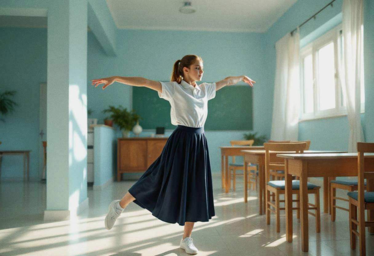 A preteen girl around eleven years old in a white cotton polo shirt and navy blue school skirt practicing graceful balan