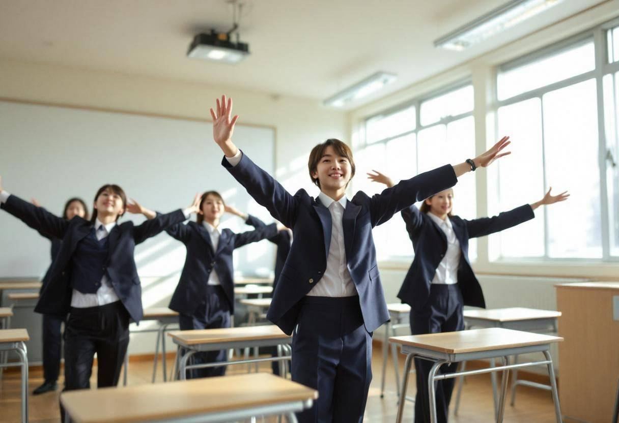 Middle-school-age preteens in navy blazers and white collared shirts doing synchronized balance movements with arms outs