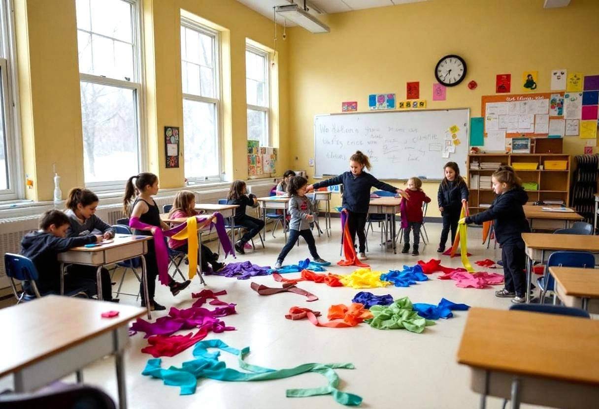 Dance scarves and colorful fabric strips scattered across linoleum floor beside pushed-aside wooden desks