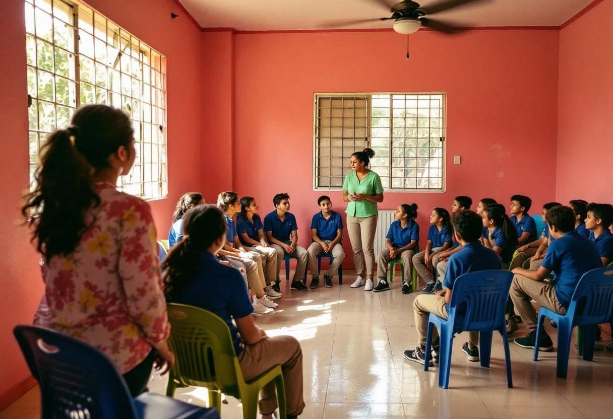 One Mexican teacher in a bright cotton blouse seen from behind leading ten to thirteen-year-old preteens in blue polo sh