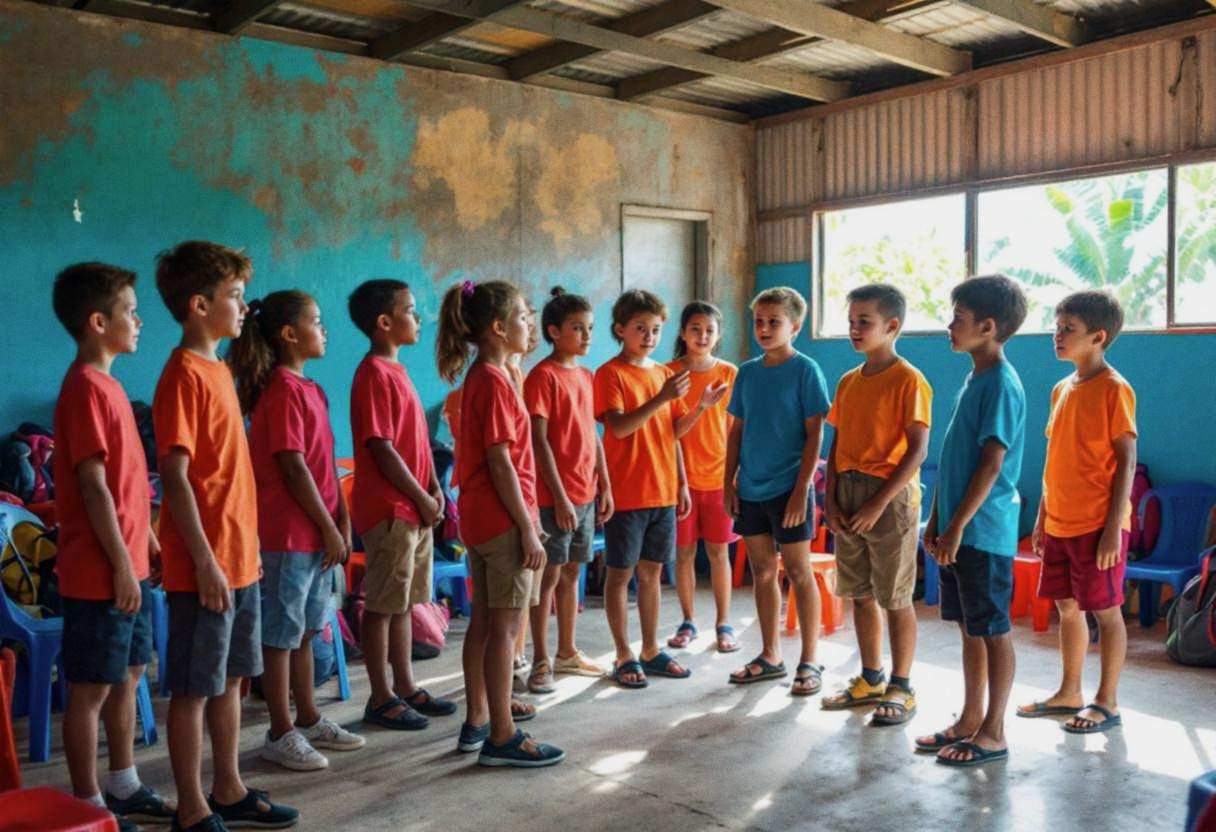 Small round-faced preteens ages 10 to 13 in bright cotton t-shirts and shorts standing in a loose circle mid-drama exerc