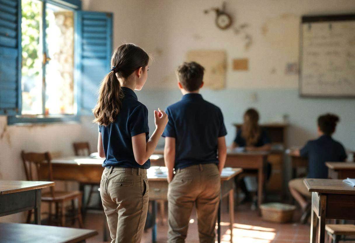 One preteen girl with dark hair in a navy polo shirt and khaki trousers gesturing expressively while practicing a scene