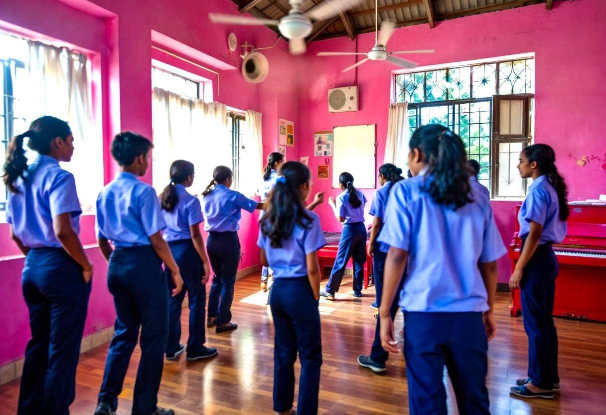 Ten preteens ages 10-13 in blue button-down uniform shirts and navy trousers performing devised theater movements and ge