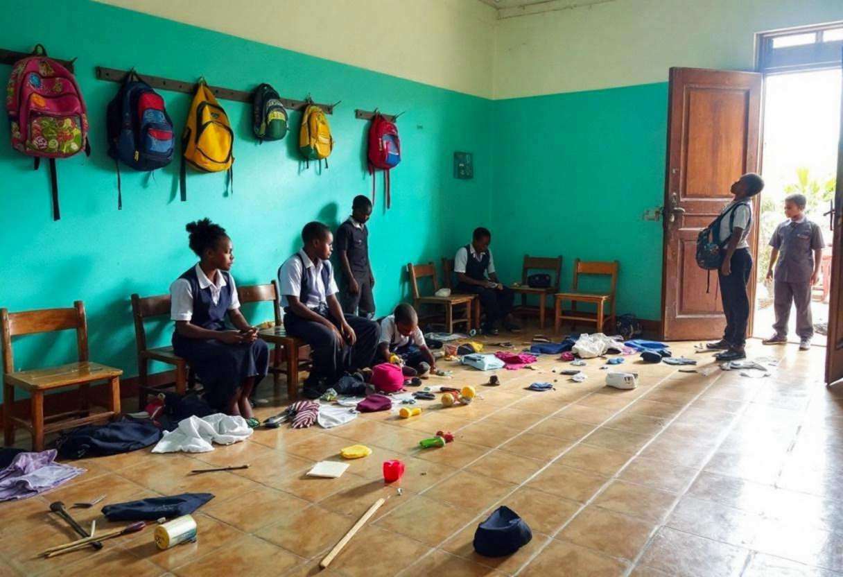 Drama props and costume pieces scattered across shiny beige ceramic tiles in a Haitian classroom with vivid turquoise-te