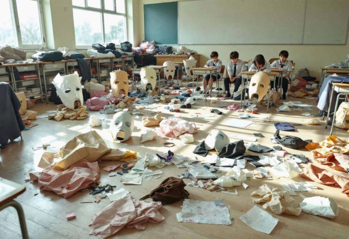 Drama props and handmade theater masks scattered across light wood classroom floor