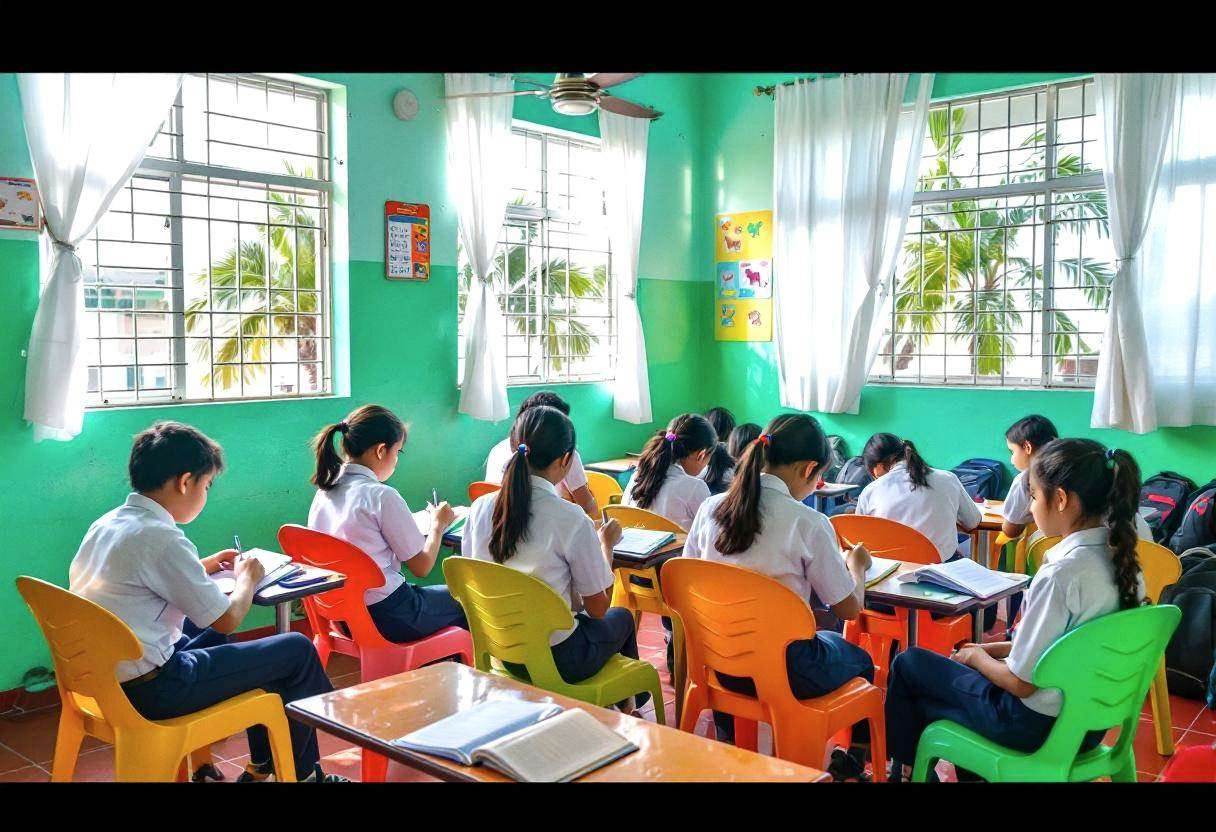 Eight preteen students ages 10-13 in white button-down shirts and navy blue trousers sitting in colorful plastic chairs 