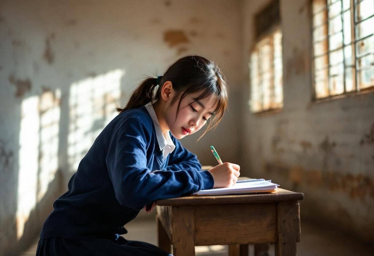 One preteen Chinese student around age 11 in a navy blue school uniform writing intently in a notebook