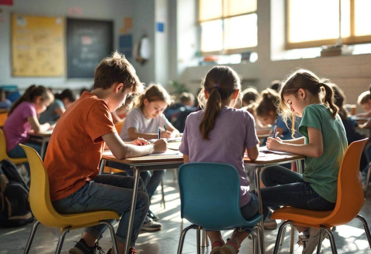 Small round-faced preteens ages 10 to 13 in colorful cotton t-shirts and jeans seated at plastic desks writing poems tog