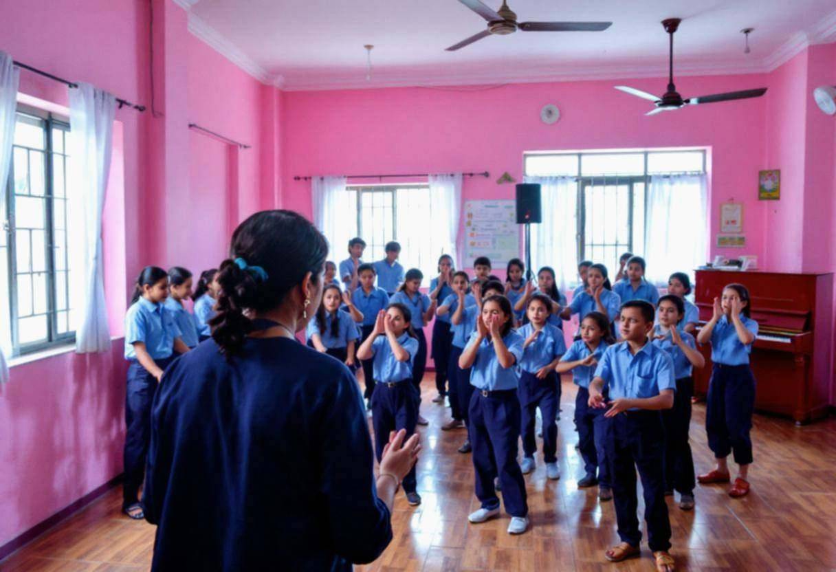 A teacher in a navy blue kurta seen from behind leading ten to thirteen-year-old preteens in blue uniform shirts and nav