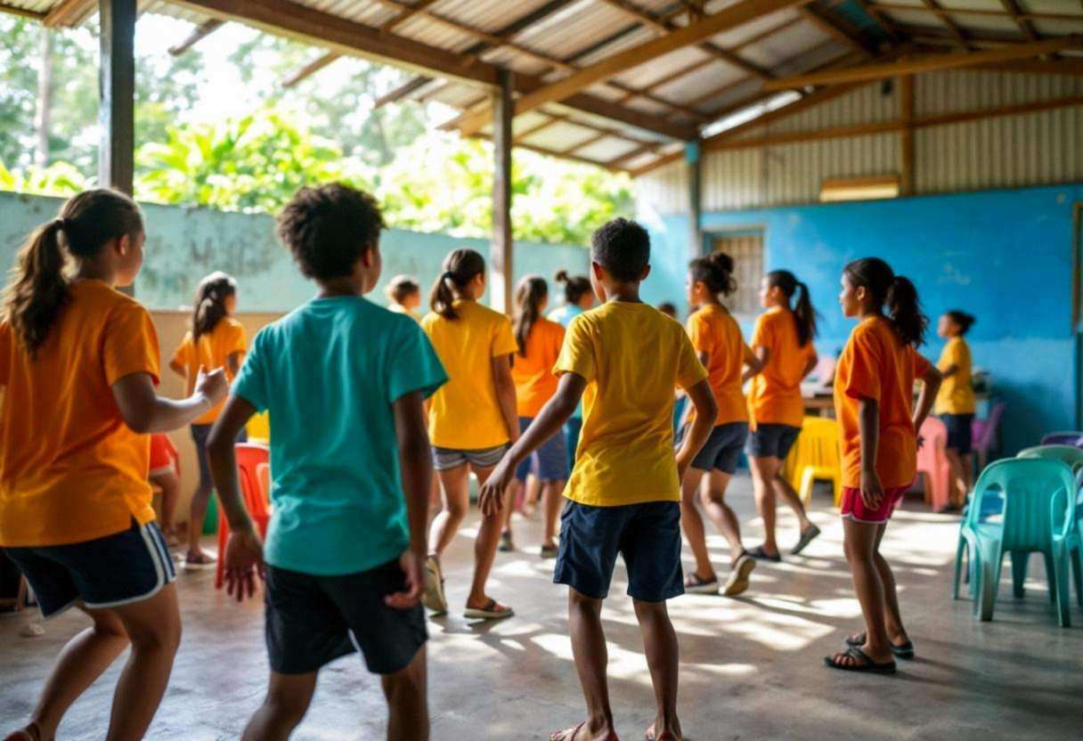 Ten preteens ages 10 to 13 in bright cotton t-shirts and shorts moving together in synchronized dance gestures