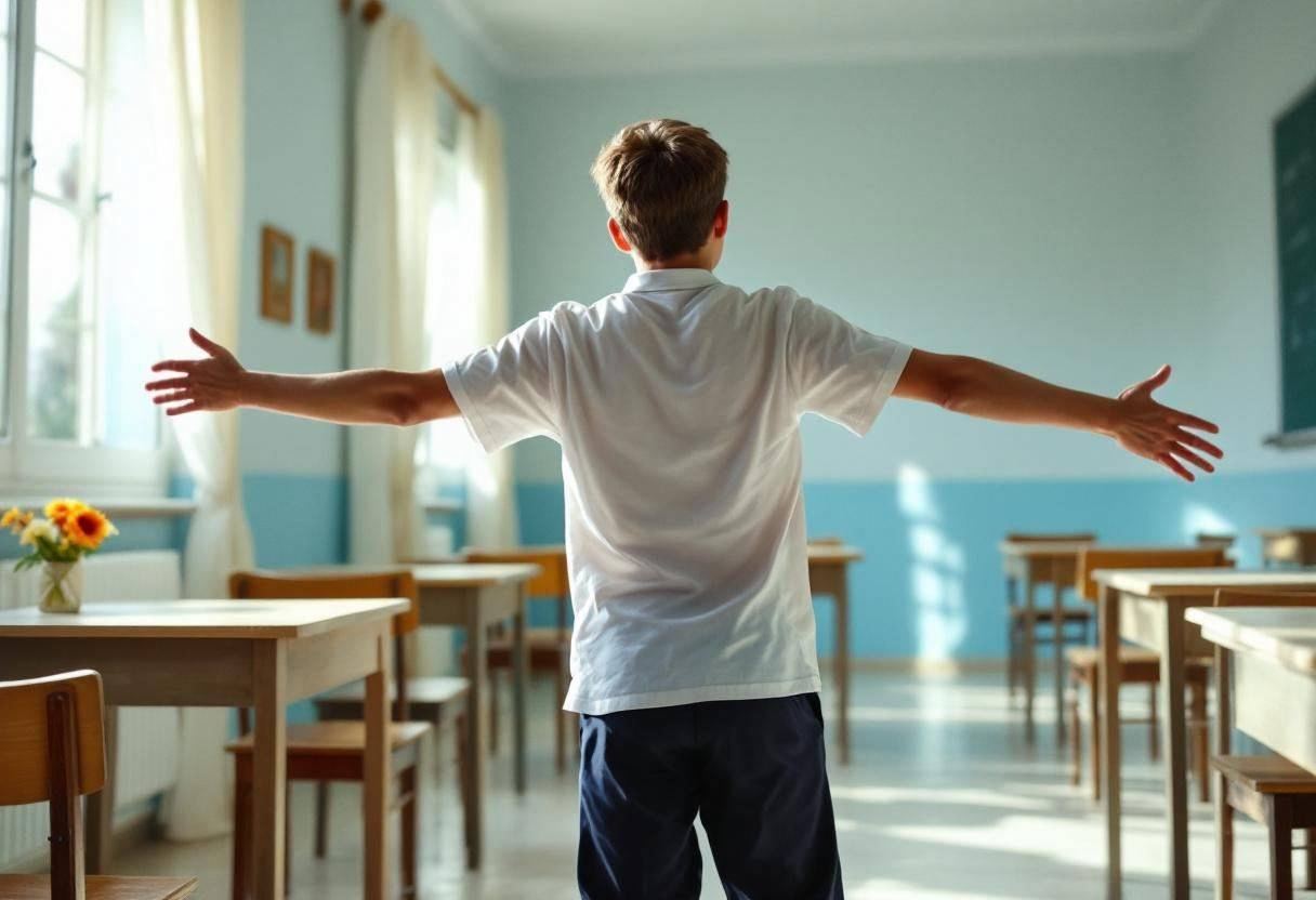 A middle-school-age twelve-year-old in a white cotton polo shirt and navy blue school trousers moves gracefully with arm