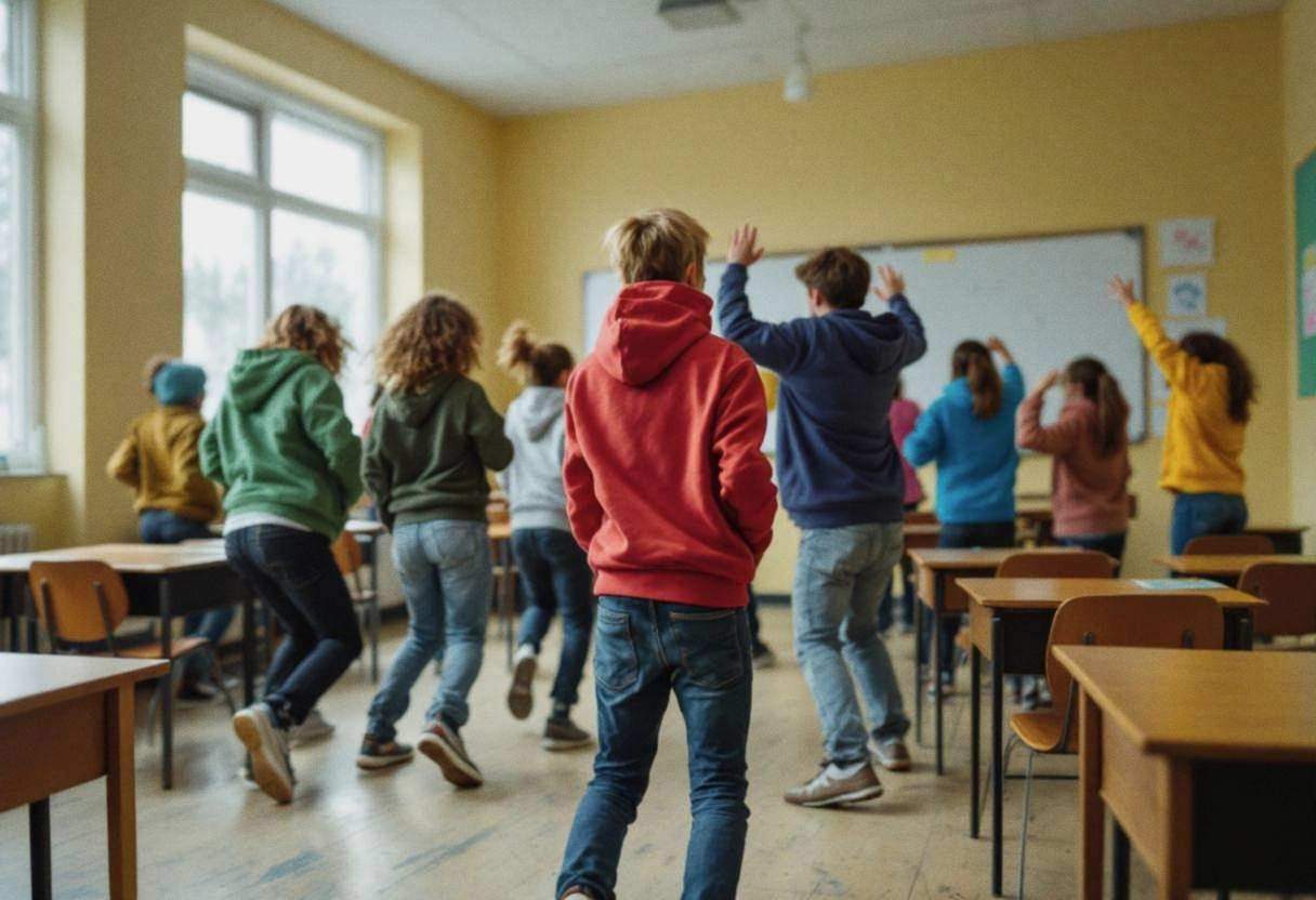 Ten middle-school preteens in colorful hoodies and jeans moving together in coordinated dance gestures