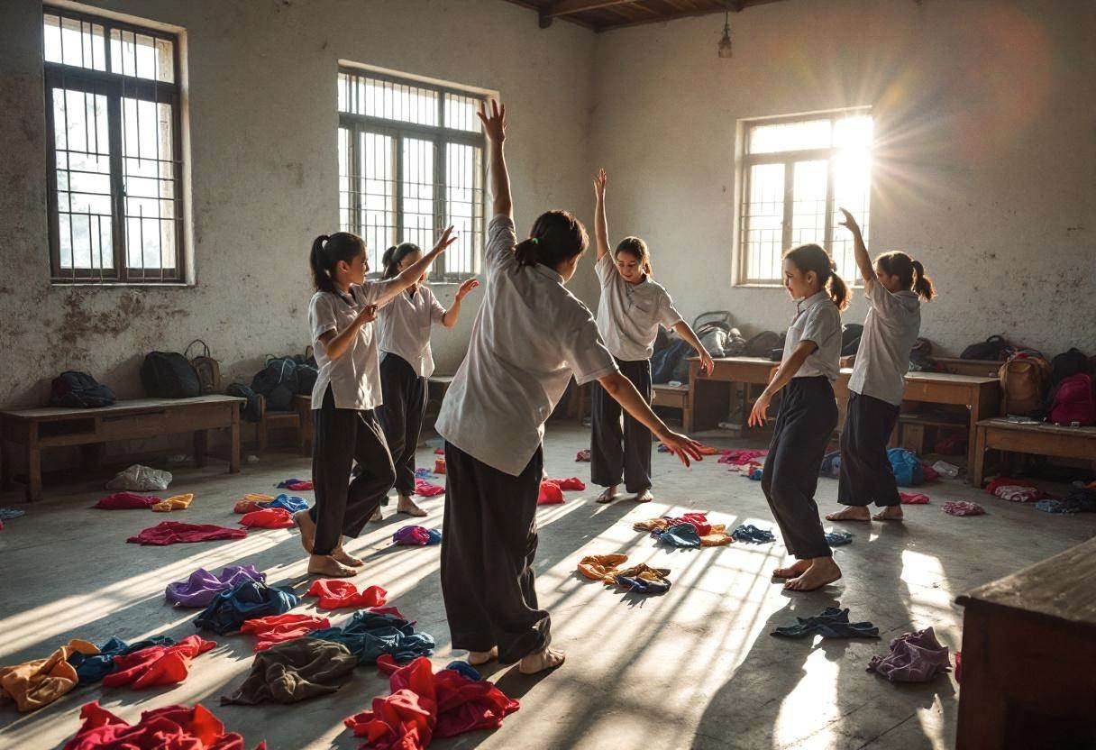 Dance movement props scattered on concrete floor in rural Chinese village classroom
