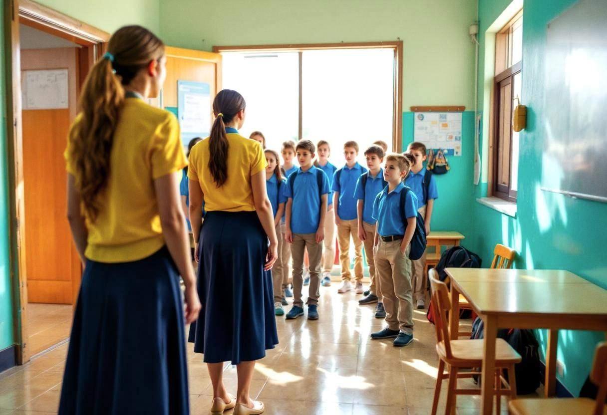 Female teacher in bright yellow cotton blouse and long navy skirt seen from behind leading twelve-year-old preteens in b