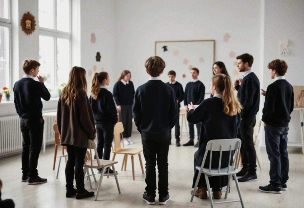Ten middle-school preteens ages 11 to 13 in dark sweaters and wool trousers rehearsing Shakespeare scenes in small group