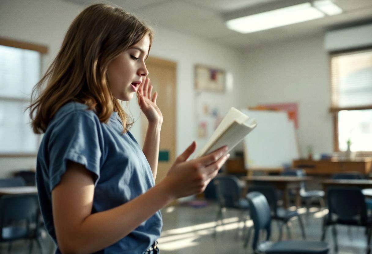 One preteen girl with shoulder-length brown hair in a blue t-shirt and jeans gesturing dramatically while reading from a