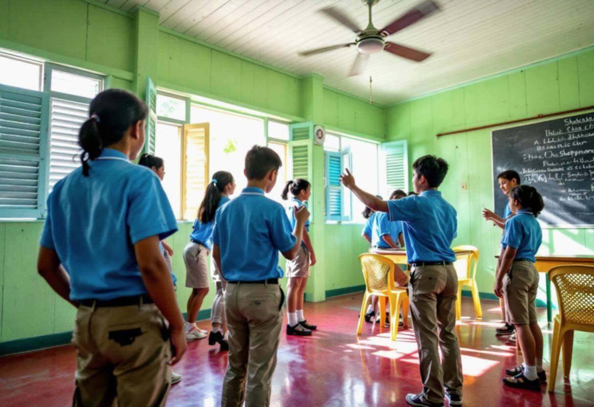 Middle-school preteens ages 10 to 13 in blue polo uniform shirts and khaki trousers performing Shakespeare scenes in sma